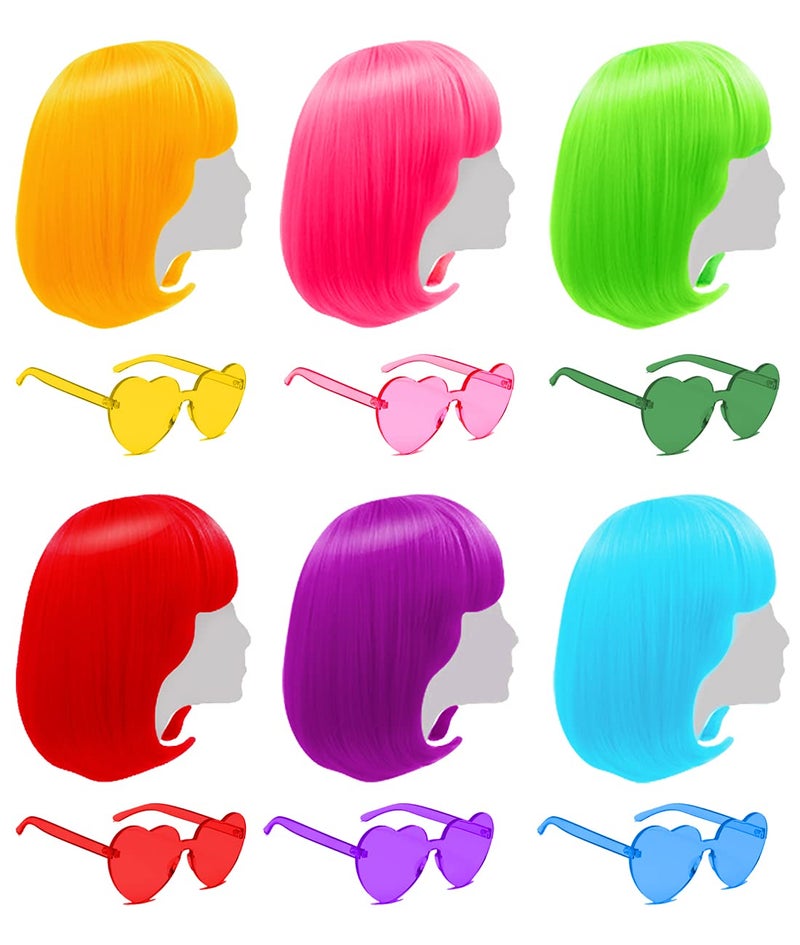 LIULIUBTY باروكة بوب قصيرة ملونة مع غرة - مجموعة 6 باروكات ملونة مجموعة شاطئ الفاكهة باروكة تنكرية مع نظارات قلبية قطع شعر لزي هالوين نيون زينة حفلة عازبات بألوان مختلطة بوب