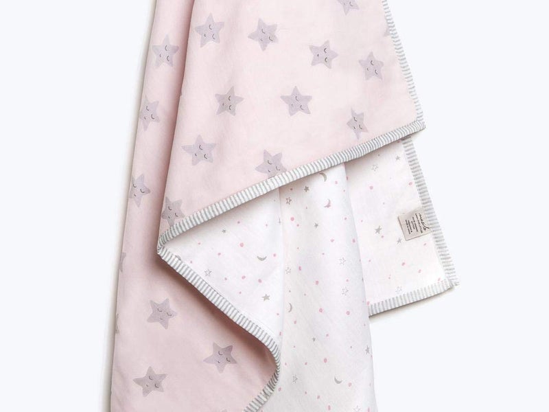 Masilo Organic Cotton Mulmul Dohar Blanket Crib/Cot- Light & Soft Summer Ac Blanket-Babies 0 to 3 Years - Star Pink - Image 1