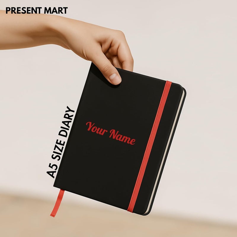 Present Mart Personalised PU Leather Diary – A5 Size Black Hardbound Notebook with Name Print & Matching Strap, 176 Pages 80 GSM Paper, Calendar, Memo Section, Ideal for Gifting - Image 3