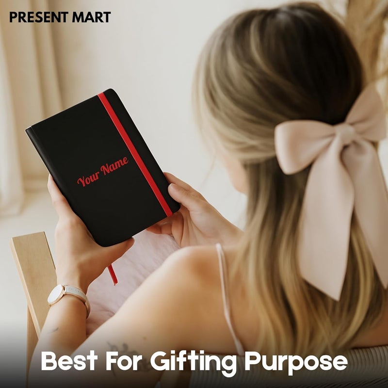 Present Mart Personalised PU Leather Diary – A5 Size Black Hardbound Notebook with Name Print & Matching Strap, 176 Pages 80 GSM Paper, Calendar, Memo Section, Ideal for Gifting - Image 5