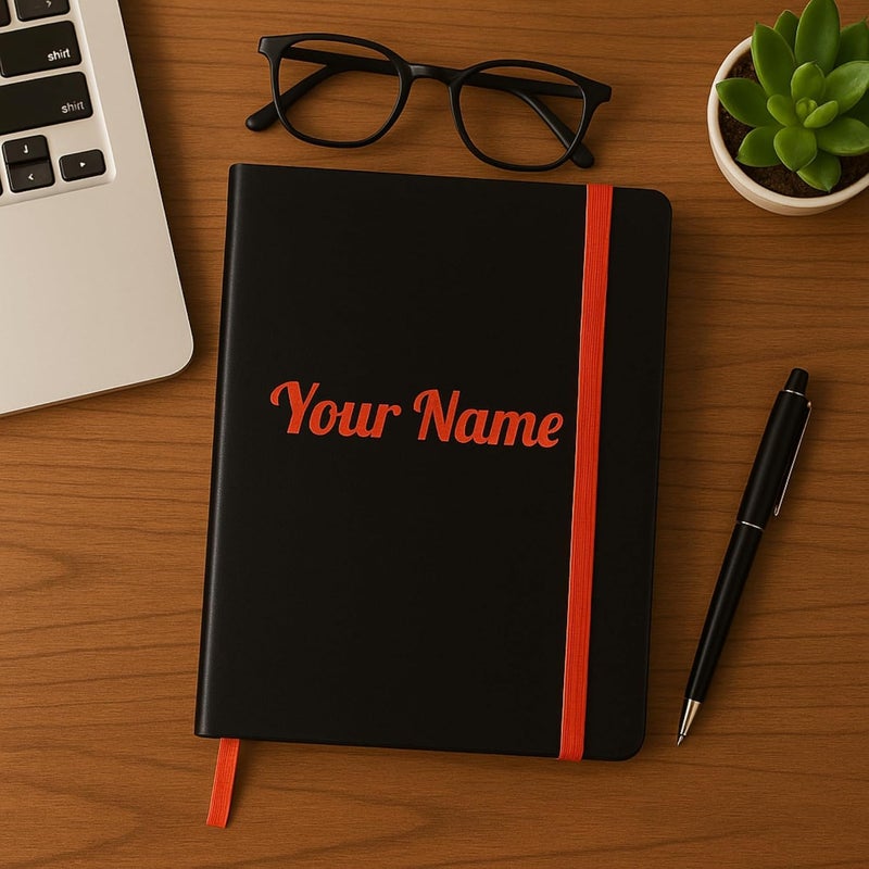 Present Mart Personalised PU Leather Diary – A5 Size Black Hardbound Notebook with Name Print & Matching Strap, 176 Pages 80 GSM Paper, Calendar, Memo Section, Ideal for Gifting - Image 2