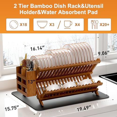 Greenual Teak Dish Drying Rack with Utensil Holder 2 Tier Collapsible Dish Rack Wooden Dish Racks for Kitchen Counter Folding Drying Holder with Absorbent Dish Drying Mat - Image 3