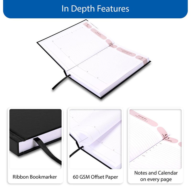 FIS مفكرة أجندة FIS 2026، حجم 170x240 مم، غلاف فينيل مبطن من جهة واحدة، تنسيق يوم في صفحة، عربي/إنجليزي، ورق أبيض 60 جرام، غلاف أسود - FSDI75AEVN26BK - Image 5