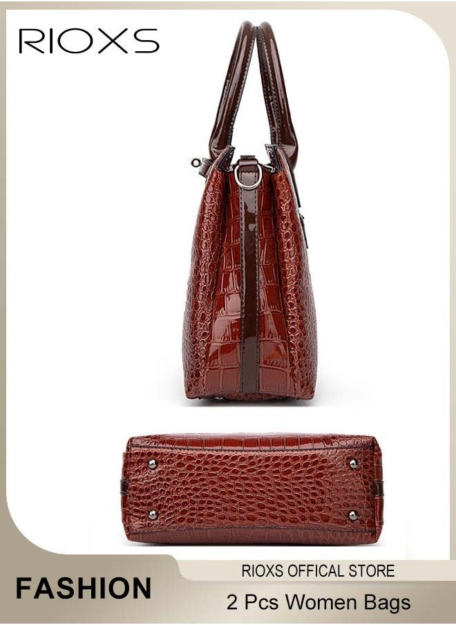 RIOXS 2 Pcs Handbag For Women, Ladies Fashion Tote Bags, Large Capacity Satchel Purses For Women, Premium Patent Leather Shoulder Bags And Handbag, Ladies Bags For Work Travel And Daily Use  - Image 3