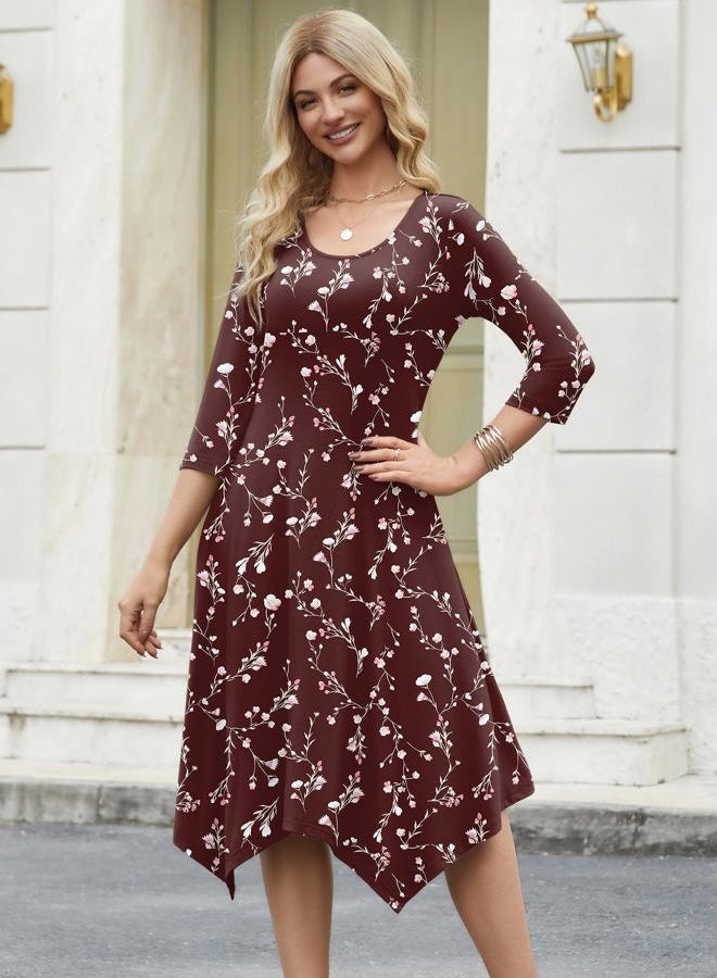 zeagoo Womens Midi Dresses 3/4 Sleeve Casual Dresses with Pockets 2025 Winter Dress A Line Loose Swing Tshirt Dress, Red Printing, XL - Image 3