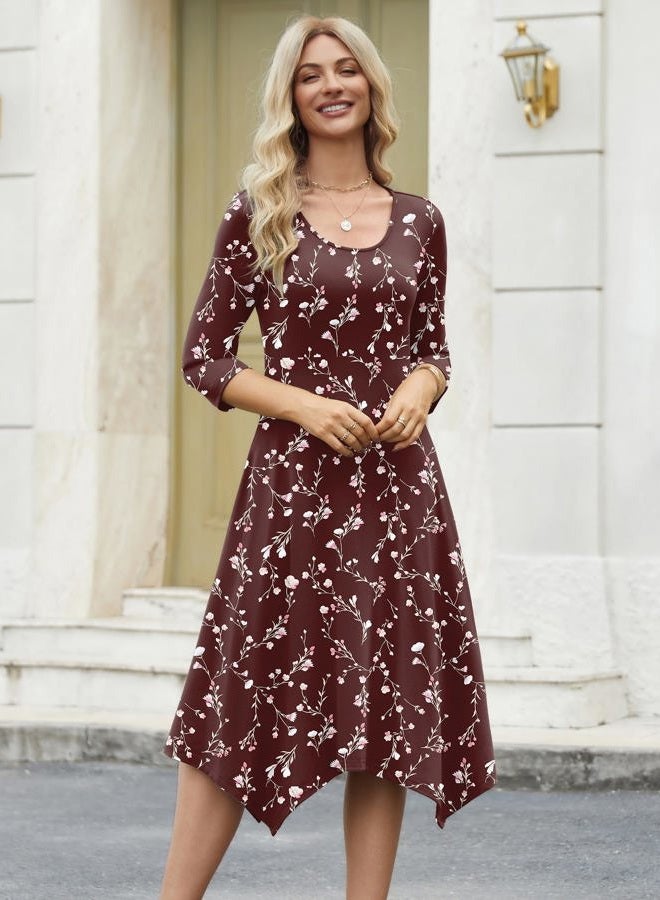 zeagoo Womens Midi Dresses 3/4 Sleeve Casual Dresses with Pockets 2025 Winter Dress A Line Loose Swing Tshirt Dress, Red Printing, XL - Image 2
