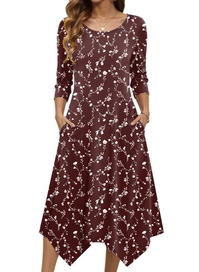 zeagoo Womens Midi Dresses 3/4 Sleeve Casual Dresses with Pockets 2025 Winter Dress A Line Loose Swing Tshirt Dress, Red Printing, XL - Image 1