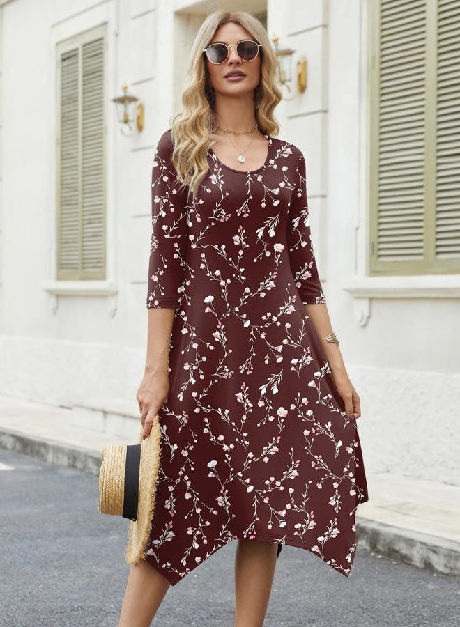 zeagoo Womens Midi Dresses 3/4 Sleeve Casual Dresses with Pockets 2025 Winter Dress A Line Loose Swing Tshirt Dress, Red Printing, XL - Image 5