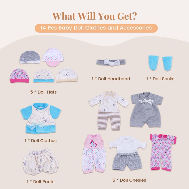 BABESIDE 6 Sets of Baby Doll Clothes for 12-15 Inch Babydolls, Various Style Doll Clothes Set with Hats & Headband for Girls Pretend Play Toys, 14 Pcs Realistic Baby Doll Accessories - Image 4