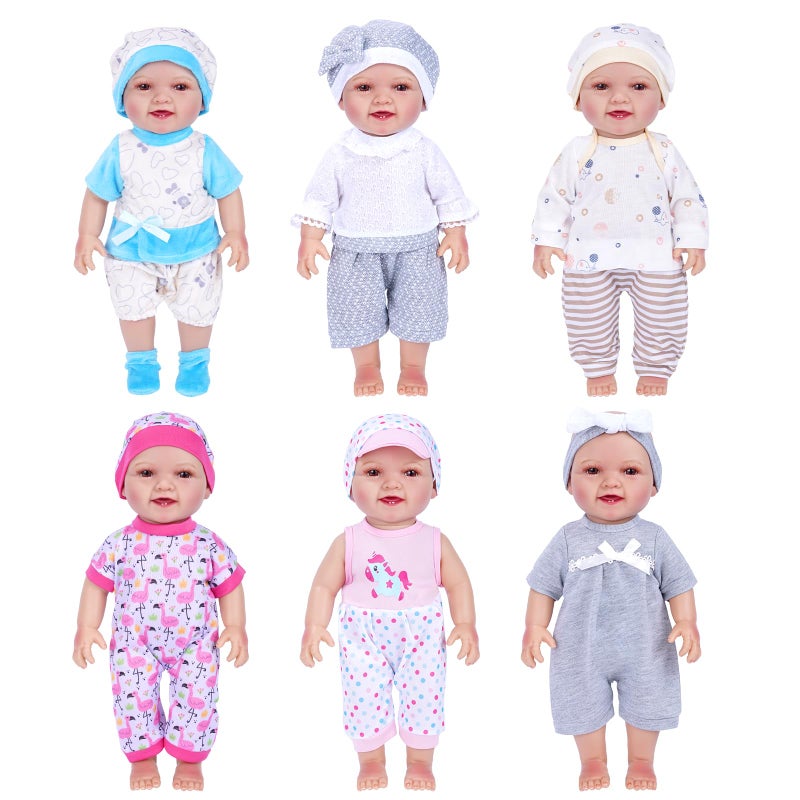 BABESIDE 6 Sets of Baby Doll Clothes for 12-15 Inch Babydolls, Various Style Doll Clothes Set with Hats & Headband for Girls Pretend Play Toys, 14 Pcs Realistic Baby Doll Accessories - Image 1