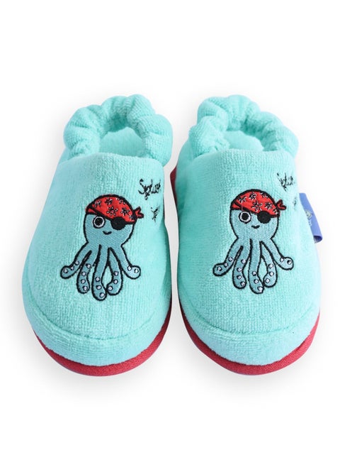 Milk&Moo Kids House Slippers Sailor Octopus, Washable, Indoor, Soft and Absorbent Towel Fabric, Embroidered Animal Design, For Girls and Boys, Non-Slip, Elastic Band, 4-5 Year Old, Turquoise