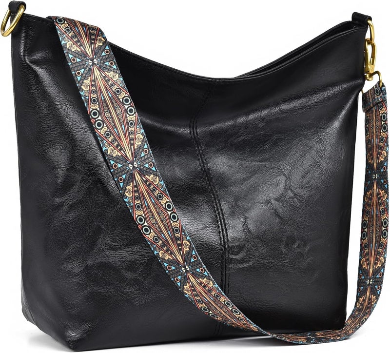 Kawn® Sling Bag for Women Girls with Wide Bohemian Guitar Strap Small Hobo Shoulder Bags For Work, Travel Vegan Leather Retro Fashion Crossbody Bag Ladies Purses with Zipper Handbags for Women (Black) - Image 1