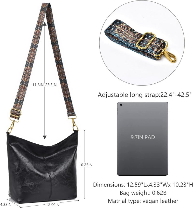 Kawn® Sling Bag for Women Girls with Wide Bohemian Guitar Strap Small Hobo Shoulder Bags For Work, Travel Vegan Leather Retro Fashion Crossbody Bag Ladies Purses with Zipper Handbags for Women (Black) - Image 4