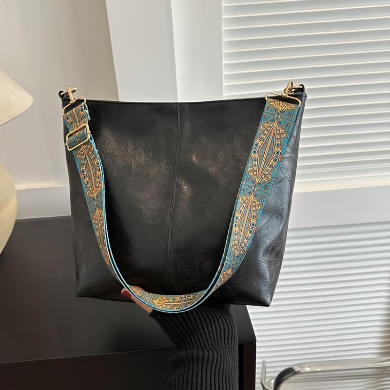Kawn® Sling Bag for Women Girls with Wide Bohemian Guitar Strap Small Hobo Shoulder Bags For Work, Travel Vegan Leather Retro Fashion Crossbody Bag Ladies Purses with Zipper Handbags for Women (Black) - Image 3