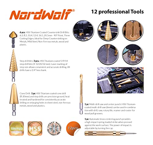 NordWolf 12-Piece HSS Titanium Metric Step, Countersink, Cone Drills with 1/4" Hex Shank, Multi Drill Saw & Automatic Center Punch Set in Storage Case - Image 3