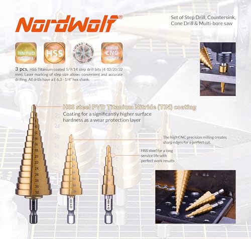 NordWolf 12-Piece HSS Titanium Metric Step, Countersink, Cone Drills with 1/4" Hex Shank, Multi Drill Saw & Automatic Center Punch Set in Storage Case - Image 4
