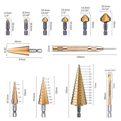 NordWolf 12-Piece HSS Titanium Metric Step, Countersink, Cone Drills with 1/4" Hex Shank, Multi Drill Saw & Automatic Center Punch Set in Storage Case - Image 2