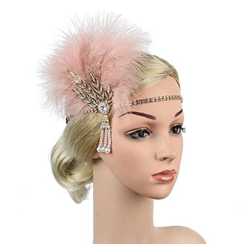 STIOEDYUAN 1920s Flapper Feather Headband Art Decor Gatsby Rhinestone Leaf Medallion imitation Pearl Headpiece Hair Accessories Women (Pink) - Image 3