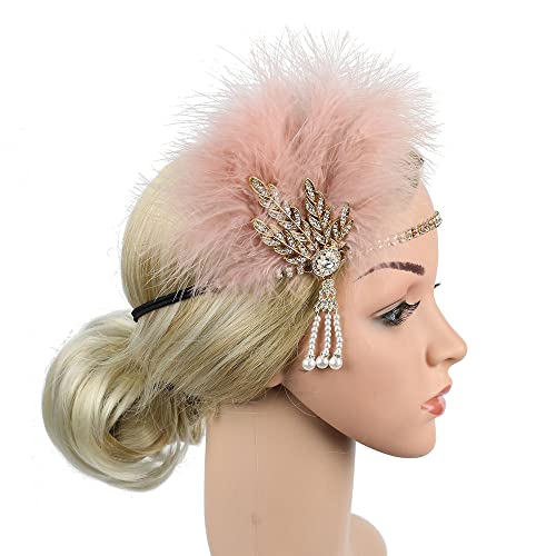 STIOEDYUAN 1920s Flapper Feather Headband Art Decor Gatsby Rhinestone Leaf Medallion imitation Pearl Headpiece Hair Accessories Women (Pink) - Image 2