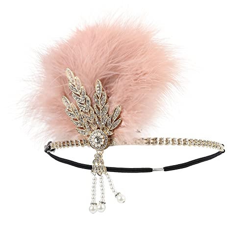 STIOEDYUAN 1920s Flapper Feather Headband Art Decor Gatsby Rhinestone Leaf Medallion imitation Pearl Headpiece Hair Accessories Women (Pink) - Image 1