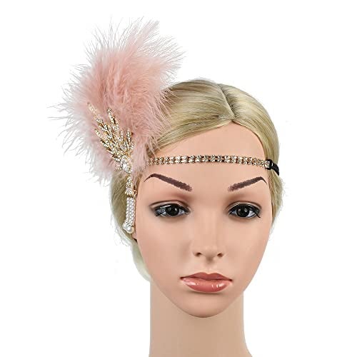 STIOEDYUAN 1920s Flapper Feather Headband Art Decor Gatsby Rhinestone Leaf Medallion imitation Pearl Headpiece Hair Accessories Women (Pink) - Image 4