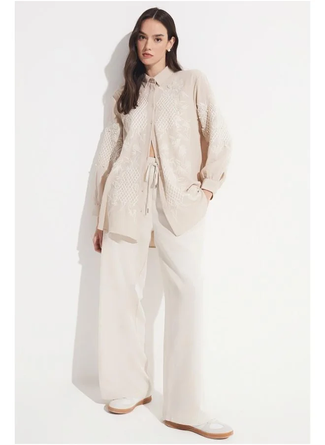 جون June Exclusive Elastic Waist Linen Wide Leg/Wide Leg Blend Woven Trouser Beige