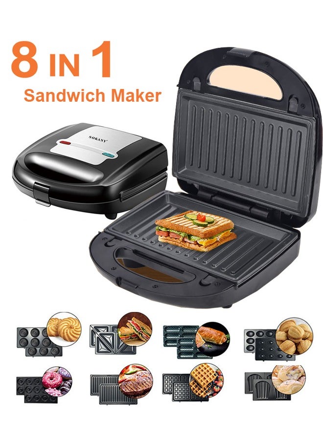 sokany 8 in 1 Sanwich Maker,Multi Snacks Maker with Sandwich/Panini-Grill-Waffle-Donut-Nutty-Biscuit-Omelette-Hot Dog,Detachable Plates 750W SK-B140 Black/Silver  - Image 1