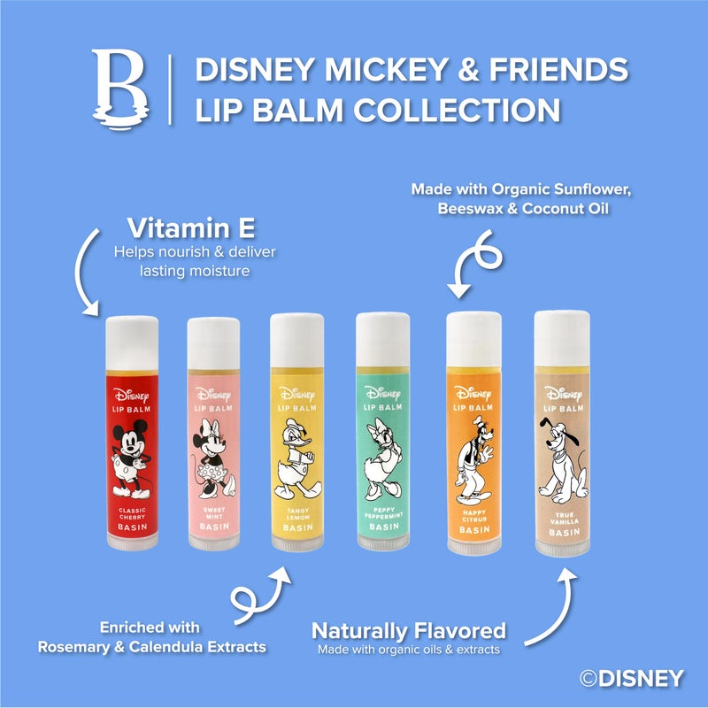 Basin Disney Mickey Mouse & Friends Lip Balm Collection | 6 Pack Classic Flavors (Cherry, Mint, Lemon, Peppermint, Citrus, Vanilla) | Organic Clean Beauty, Official Disney, Made in USA - Image 2