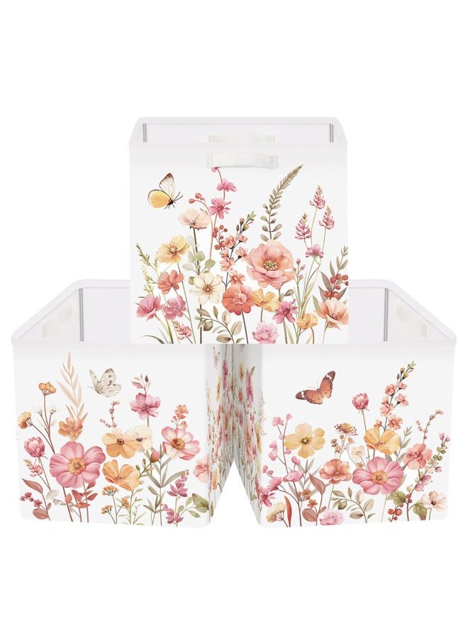 HUUMONSS 11.8" Wild Flower Storage Cube Organizer Set 3Pcs Clothes Storage Basket Bin for Closet Shelf Garden Butterfly Nursery Kid Room Book Toy Chest, Wildplants - Image 1