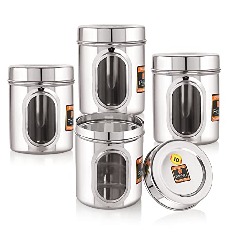 Priya Set of 4 Stainless Steel Kitchen Storage Jars with See-Through Window (1000ml Each) – Airtight Containers for Spices, Grains, Snacks, Durable & Rust-Resistant – Silver Finish - Image 1