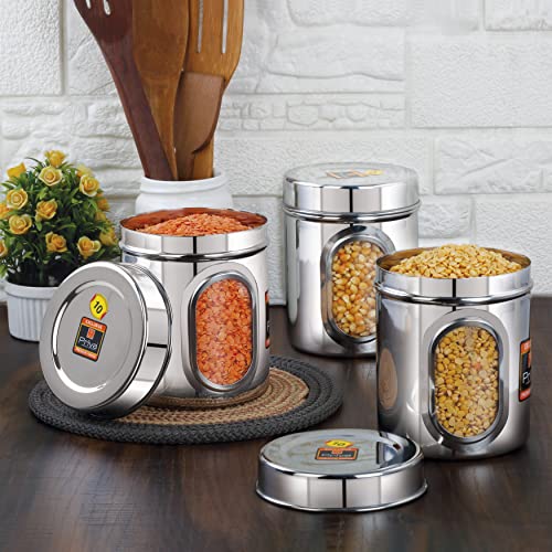 Priya Set of 4 Stainless Steel Kitchen Storage Jars with See-Through Window (1000ml Each) – Airtight Containers for Spices, Grains, Snacks, Durable & Rust-Resistant – Silver Finish - Image 3