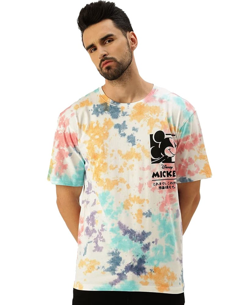 Veirdo® Multicolour Pure Cotton Official Disney Merchandise Srop Shoulder Tie-Dye Oversized Baggy Fit with Mickey Mouse Print Round Neck Half Sleeve T-Shirt for Men & Boys (Sizes: S to 2XL) - Image 1