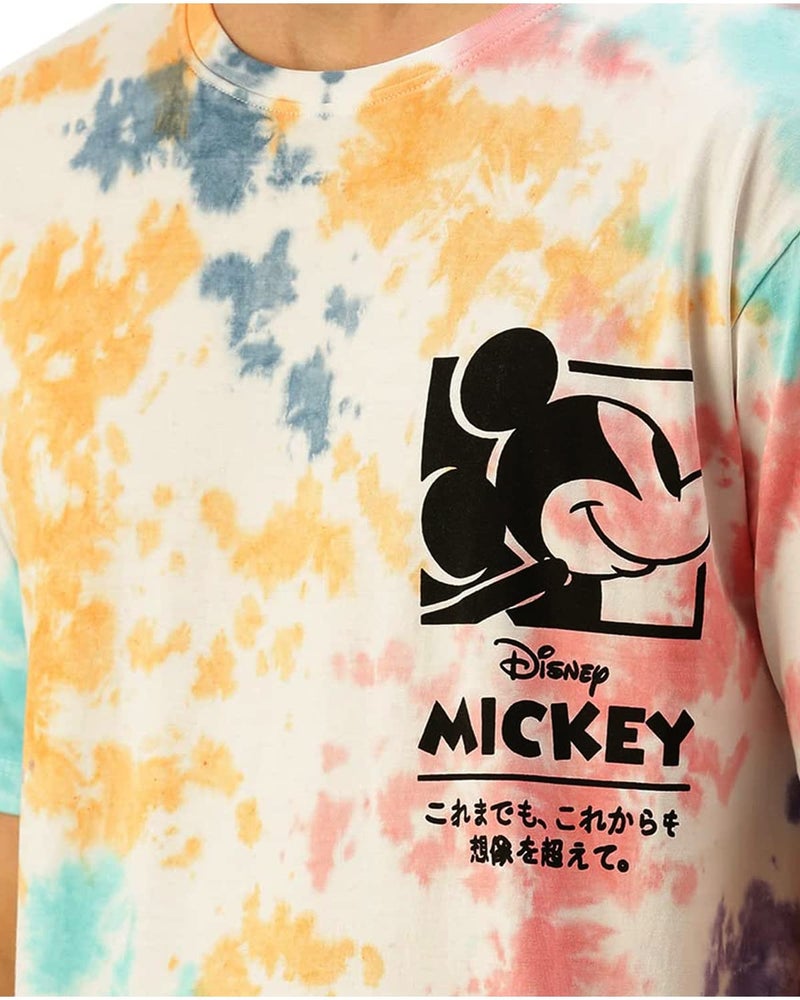 Veirdo® Multicolour Pure Cotton Official Disney Merchandise Srop Shoulder Tie-Dye Oversized Baggy Fit with Mickey Mouse Print Round Neck Half Sleeve T-Shirt for Men & Boys (Sizes: S to 2XL) - Image 4