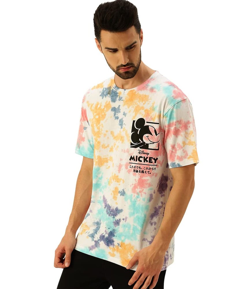 Veirdo® Multicolour Pure Cotton Official Disney Merchandise Srop Shoulder Tie-Dye Oversized Baggy Fit with Mickey Mouse Print Round Neck Half Sleeve T-Shirt for Men & Boys (Sizes: S to 2XL) - Image 3