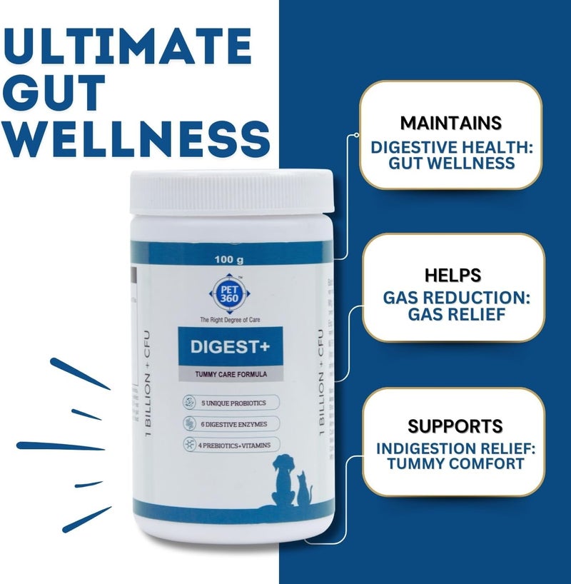 PET360 Spec compliant trusted quality Digest+ Tummy Care Formula | Gut Health Supplement for Dogs & Cats | Probiotics, Prebiotics, Digestive Enzymes & Vitamins for Improved Digestion & Immunity | Suitable for All Breeds - 100 gm Low wear optimized design - Image 4