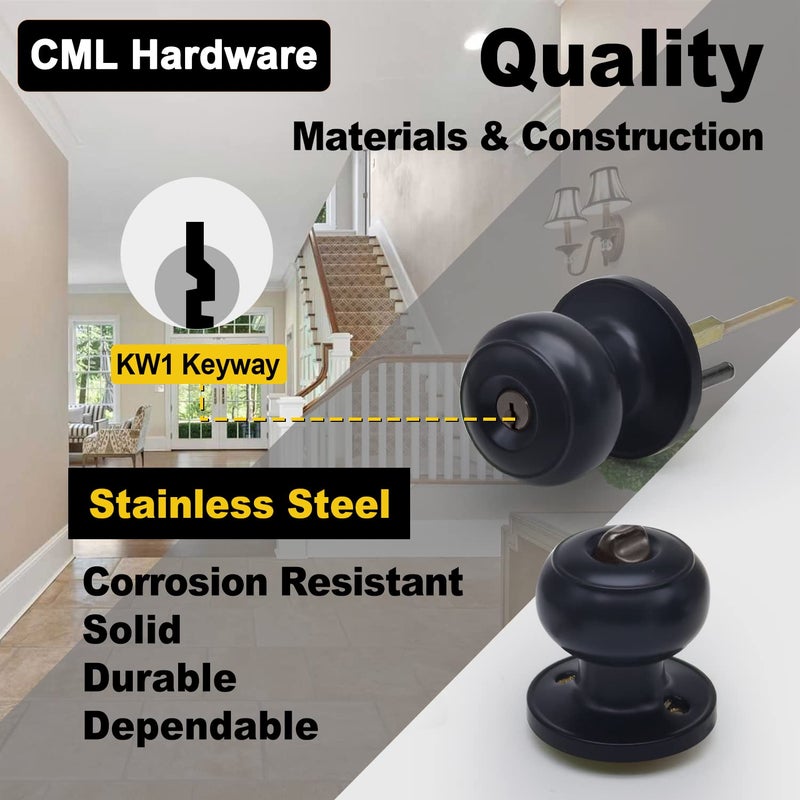 CML Hardware Matte Black Keyed Entry Door Knob for Entrance, Exterior and Interior Use, Round Ball Handle, Stainless Steel - Image 2