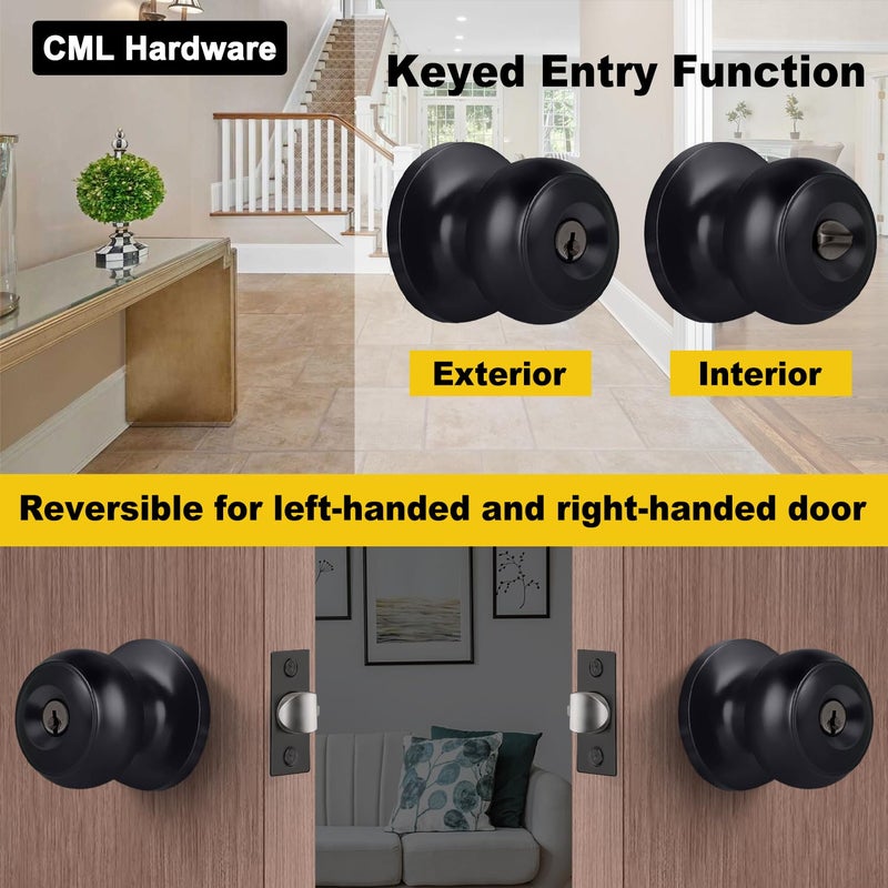 CML Hardware Matte Black Keyed Entry Door Knob for Entrance, Exterior and Interior Use, Round Ball Handle, Stainless Steel - Image 3