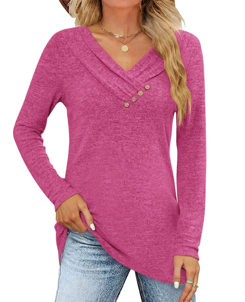 FMEYOA Women's Fall Long Sleeve Tunic Tops for Leggings V Neck Button Casual Blouse Sweatshirt(Rose Pink,X-Large) - Image 1