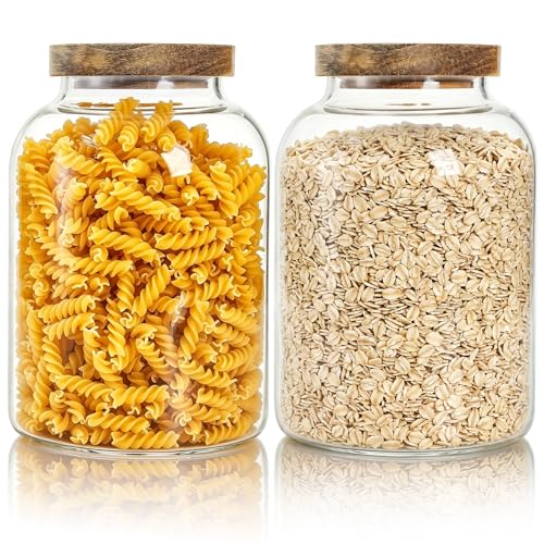 Bekith 2 Pack Large Glass Food Storage Jar with Airtight Wooden Lid, 66 FL OZ(1950ml) Glass Food Canister for Kitchen and Pantry Organization, Storage Containers for Coffee, Rice, Sugar, Flour - Image 1