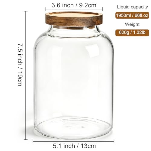 Bekith 2 Pack Large Glass Food Storage Jar with Airtight Wooden Lid, 66 FL OZ(1950ml) Glass Food Canister for Kitchen and Pantry Organization, Storage Containers for Coffee, Rice, Sugar, Flour - Image 2