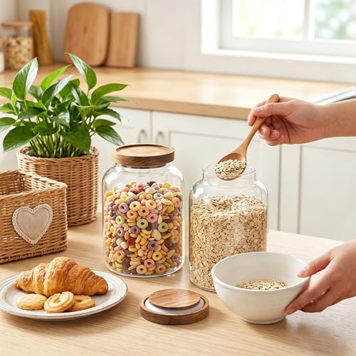 Bekith 2 Pack Large Glass Food Storage Jar with Airtight Wooden Lid, 66 FL OZ(1950ml) Glass Food Canister for Kitchen and Pantry Organization, Storage Containers for Coffee, Rice, Sugar, Flour - Image 5