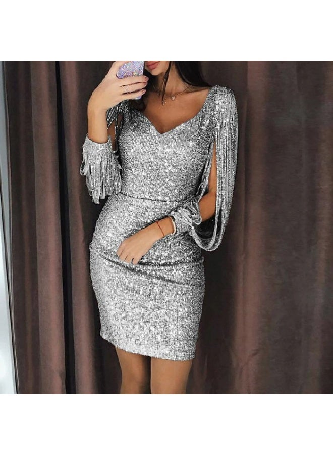 general sequined fringed long-sleeved halter dress - Image 1