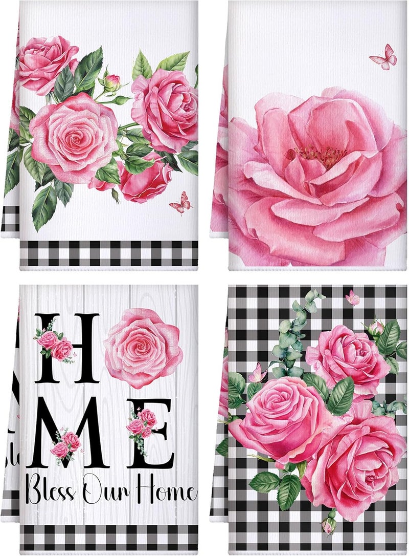 Bencailor 4 Pcs Sunflower Kitchen Towels Summer Fall Flower Floral Sea Beach Lemon Hand Dish Towels Fast Drying Decor Housewarming Gift for Cooking Kitchen Bathroom(Pink,Rose) - Image 1