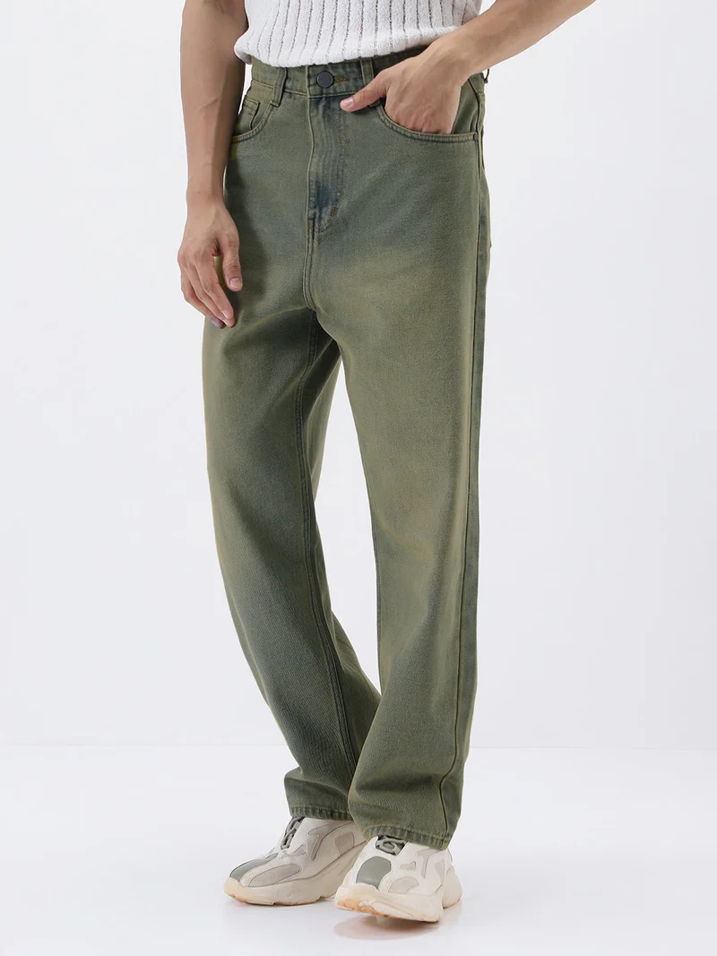 أوربانو فاشن Urbano Fashion Men's Light Grey Loose Baggy Fit Heavy Washed Jeans Non-Stretchable