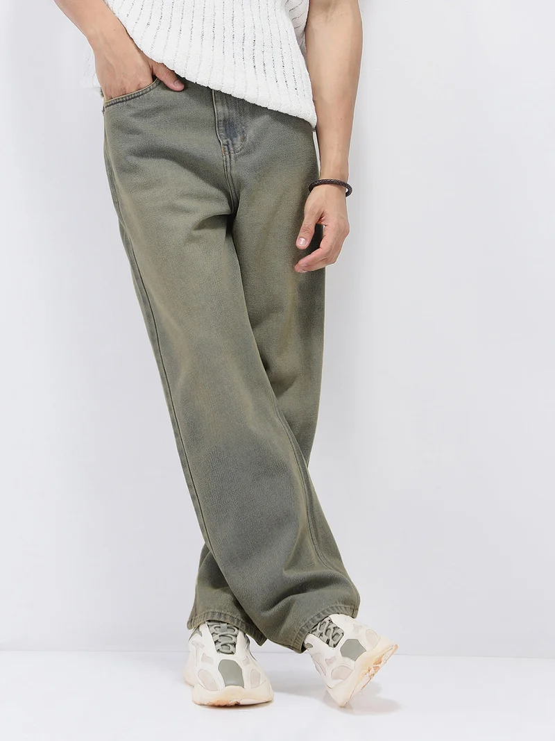 أوربانو فاشن Urbano Fashion Men's Light Grey Loose Baggy Fit Heavy Washed Jeans Non-Stretchable