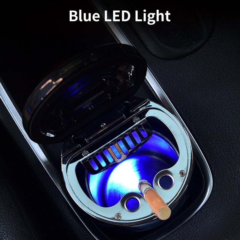 Car Ashtray Holder: 110*77*65mm Black - Smell Proof Lid With Cool Blue LED Light Premium 304 Stainless Steel & ABS Material Detachable Easy To Clean For Car Use - Image 2