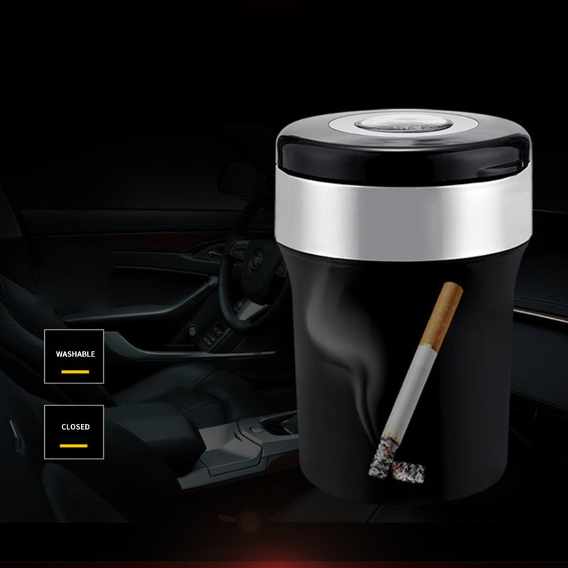 Car Ashtray Holder: 110*77*65mm Black - Smell Proof Lid With Cool Blue LED Light Premium 304 Stainless Steel & ABS Material Detachable Easy To Clean For Car Use - Image 5