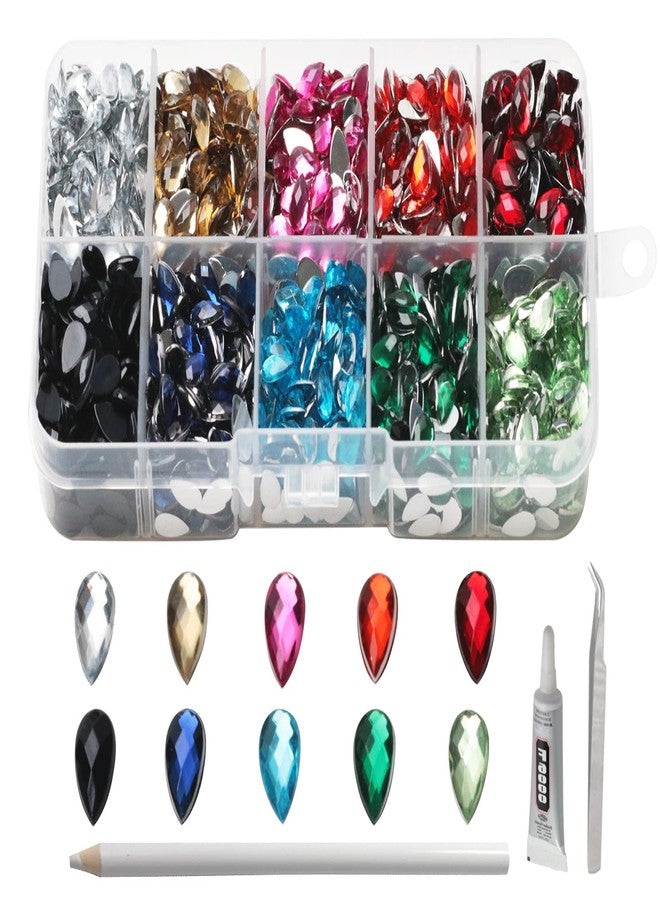 PAMIR TONG 2200pcs 5*8mm Waterdrop Shape Craft Gems Jewels Acrylic Flatback Rhinestones Gemstone with Tweezers Glue Picking pen for Bead Adhesive Jewelry Making Phone case Nail Art (Small Waterdrop) - Image 1