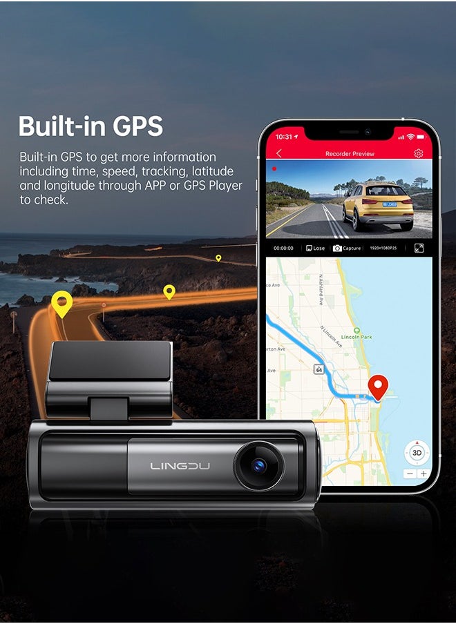 LINGDU - Dash Cam Bluetooth Car Dash Camera 5K Dash Cam Front and Rear Inside with GPS, 5G WiFi, APP and Voice Control, Loop Recording, G-Sensor, Parking Monitor - Image 1