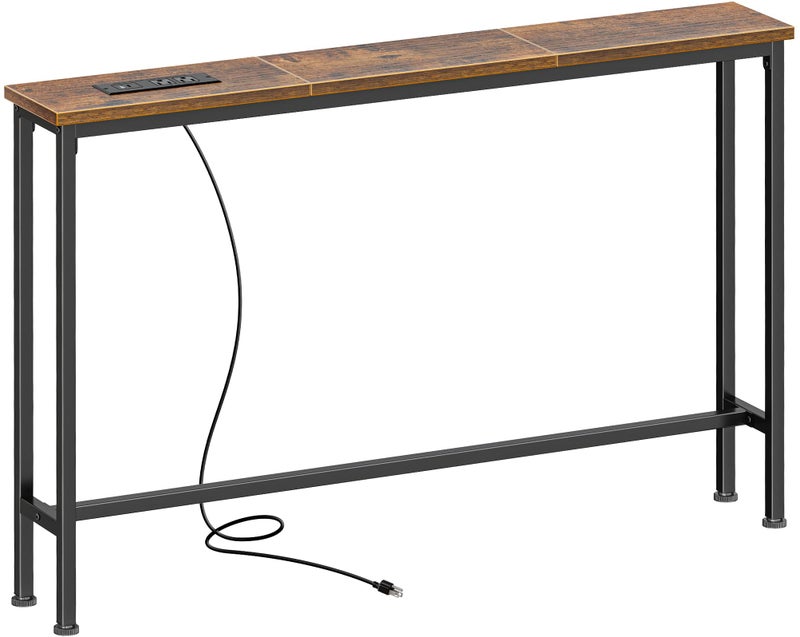 SUPERJARE 57 Inch Console Table with Outlet Sofa Table Behind Couch Table 57 x 394 x 297 Inches Metal Frame for Living Room Hallway Rustic Brown